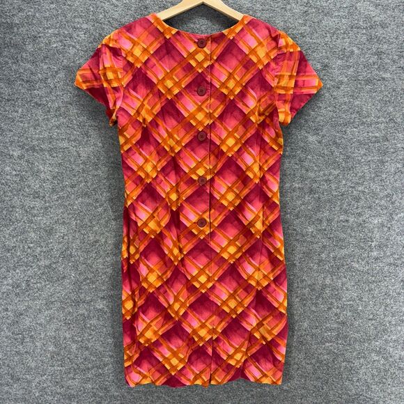 Liz Claiborne Dress Women 10 Pink Plaid Shift Short Button Short Sleeve Linen - Picture 2 of 7